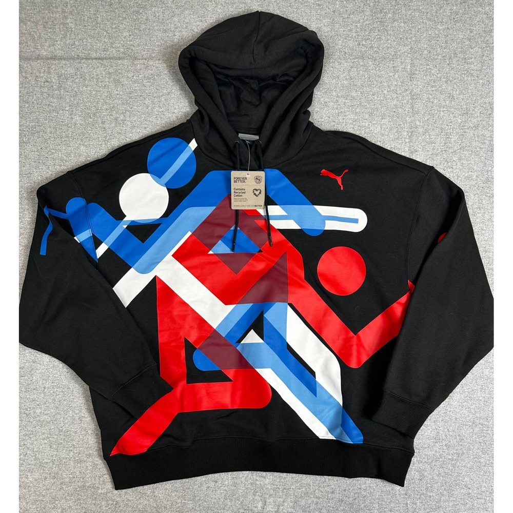New Puma Olympic Village Graphic Hoodie Large Black Red Blue USA Sweatshirt - Picture 1 of 10